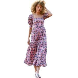 Eddy Barbara Square Neck 100% BCI Cotton Dress Pale Magenta & Indigo Floral 16